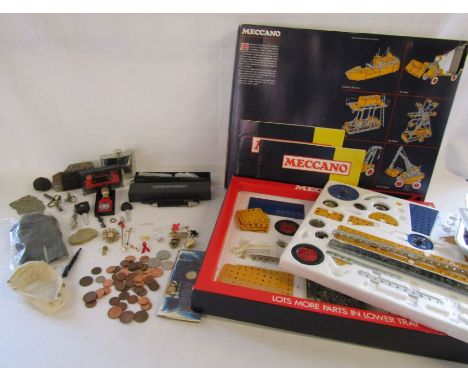 Mixed collection to include Meccano set no.6 1974 (incomplete), artists Nitram batons, pin badges, coins, toy parts and Jagua