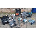 Various power & hand tools including an angle grinder, mitre saw, sanders, spanners etc