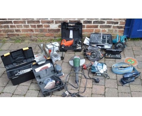 Various power &amp; hand tools including an angle grinder, mitre saw, sanders, spanners etc