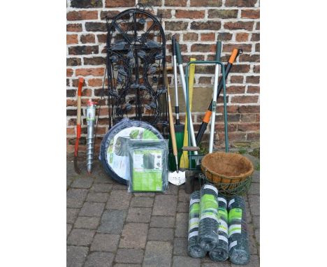 Garden equipment - wire trellising,&nbsp; 4 rolls of garden mesh, hanging baskets, garden waste bags, tools etc