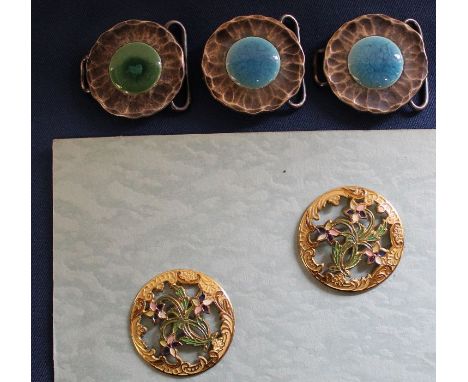 Arts and Crafts set of three buckles / clasps - The "Guild" Button by Norman & Ernest Spittle, each with a  blue / green enam