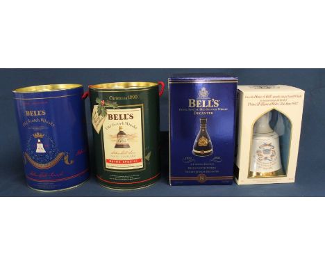 4 Bell's Old Scotch Whisky decanters:- Christmas 1990, Commemorating Birth of Princess Beatrice 1988, Limited Edition Golden 