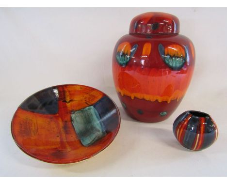3 pieces of Poole pottery to include lidded ginger jar (slight crack to lid), dish and small vase