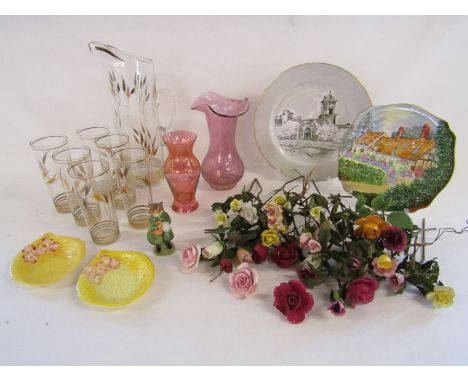 Collection of items to include Beswick 'SIMPKIN' Beatrix Potter figure, Clarice Cliff small leaf plates, Glass water jug and 