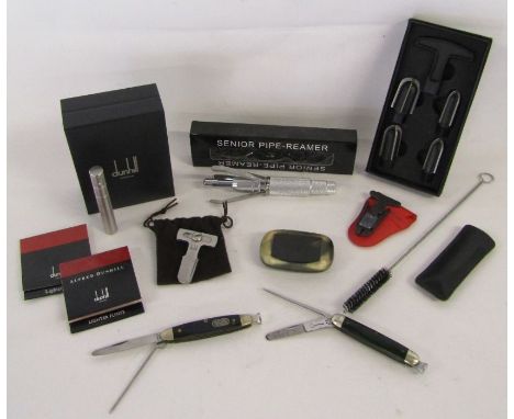Collection of pipe gadgets to include Dunhill Stainless steel pipe gadget, Dunhill carbon cutter adjustable PA4104, British B