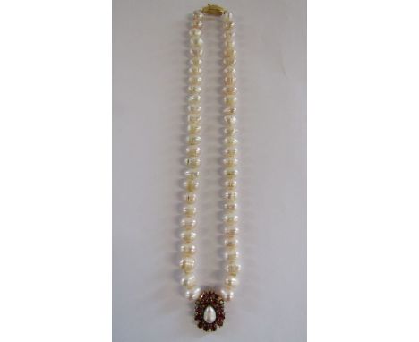 Natural pearl necklace with tested as 18ct gold and ruby pendant - in a Liberty of London case