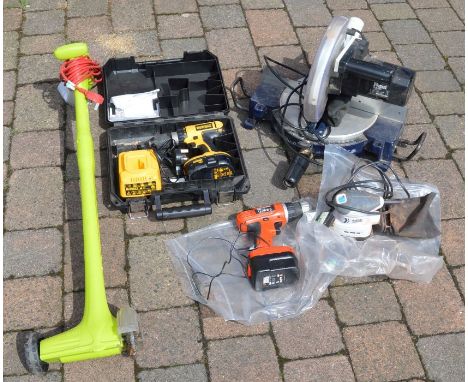Ferm FKZ 250 circular mitre saw, DeWalt cordless drill, electric sander, Black &amp; Decker drill &amp; a Garden Gear Weed Sw
