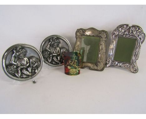 Collection of items to include resin plaques (damage and repair to feet), a resin with fish inset thermometer and 2 picture f