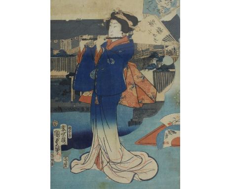 Utagawa Kunisada (Japanese 1786-1865) framed print of woman playing a flute 38.5cm x 50cm