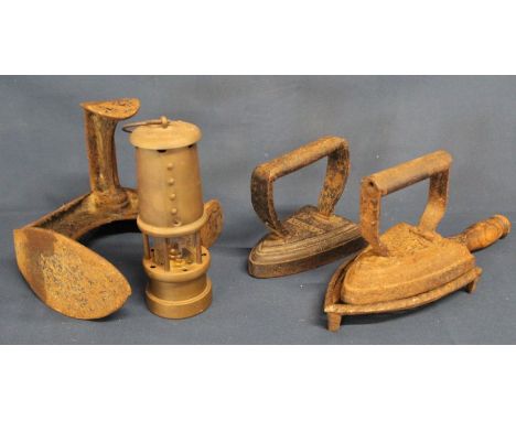 2 flat irons (1 with stand), cobblers last &amp; small Hockley Lamp &amp; Limelight Company miners lamp