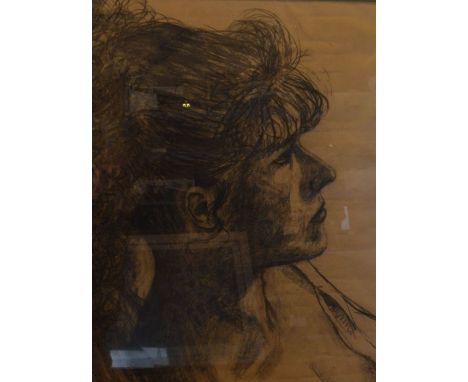 Large framed charcoal portrait of a young woman. Frame size 101cm by 81cm