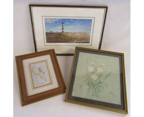 3 pictures comprising a framed postcard, Cape Hatteras signed William Magnum print and James Lacey exclusive print for Globe 