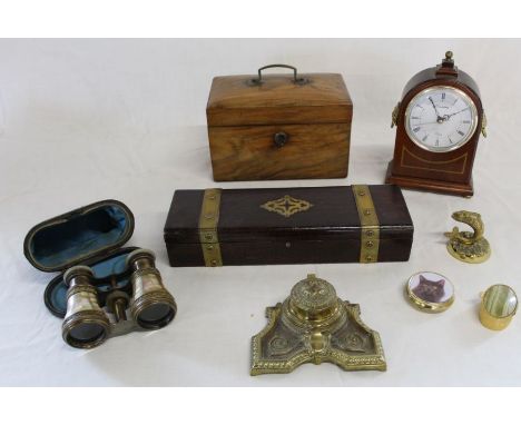 19th century walnut tea caddy, pair of mother of pearl binoculars, brass inkwell, oak glove box with brass banding, Canterbur