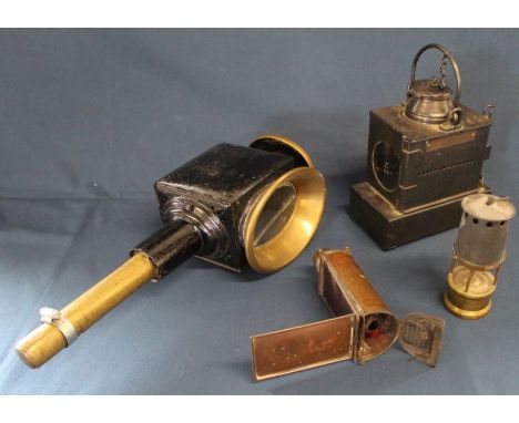 Railway lamp, coach lamp, small W &amp; P miners lamp &amp; copper lamp by Gardener's Manufacturers Charing Cross Strand Lond