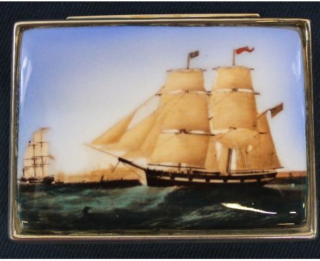 Small silver box with ceramic inset lid depicting ships, London 2001 57mm x 42mm x 12mm, 1.91ozt