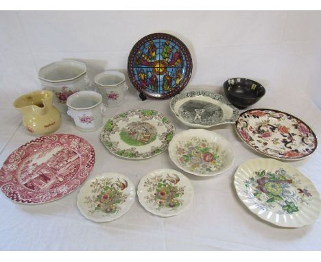 Set of three Continental china lion-mask cache pots, Japanese bowl, Doulton and other collectable plates etc
