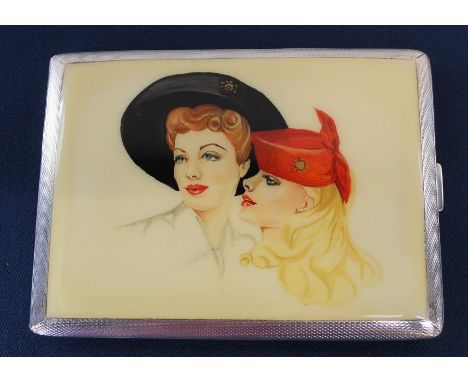 Silver cigarette case, Birmingham 1946 with engine turned decoration and later applied front panel depicting two air hostesse