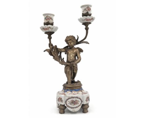 A double-candle table candlestick in an antique French style, made of metal and ceramic, signed 20th century, total width: 21