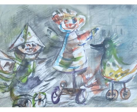 Yosl Bergner - 'Toys' - pencil drawing and watercolor on paper, signed, dimensions: 30x40 cm. Frame dimensions: 53X63 cm.  Pe