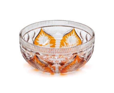 Czech crystal bowl made of layered crystal in a translucent amber shade, decorated with manual polishing work of the 'cut to 