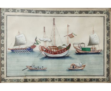 19th century antique Chinese painting, hand-painted in water colors on a pith surface, bordered by strips of silk fabric, att