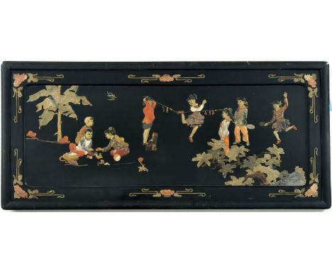 A large Chinese picture made of a wooden board inlaid with hand-carved natural stones., in the form of children playing A woo