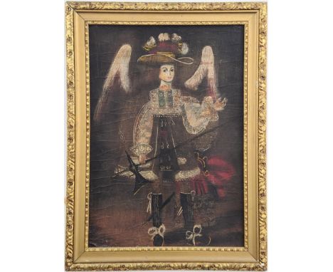 The Angel Gabriel/Gabriel (anjo), Antique Cusco painting, late 18th or early 19th century, oil on canvas attached to cardboar