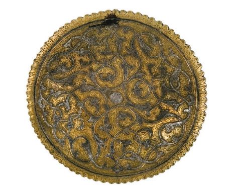 Islamic plate made in 'Damascene Work' (copper and silver inlay in brass), can be hung on the wall Diameter: 37 cm.  Period: 
