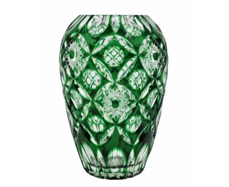A crystal vase, decorated with manual 'Cut to Clear' polishing in an emerald tone, height: 21 cm, Diameter: 13.5 cm.  Period: