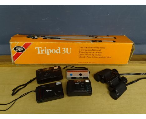 Vintage cameras, binoculars and tripod&nbsp;