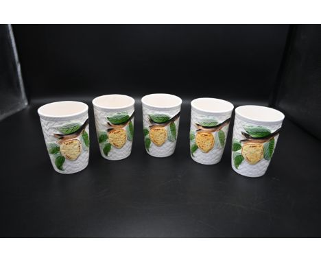 5 vintage hand painted ceramic cups, featuring a basket weave design with lemons, made in Japan, 8.5cm tall