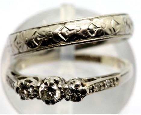 Antique wedding set, 18ct gold and platinum diamond ring with diamond set shoulders and a patterned platinum wedding band, co