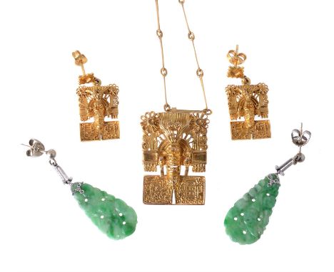 
	
		A suite of Mexican Aztec style jewellery, the rectangular pendant of an Aztec deity stamped 14k Mexico, 3cm long, suspen
