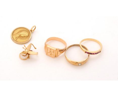 
	
		A small collection of gold coloured jewellery, to include a mid 20th century French gold coloured fly brooch, the stylis