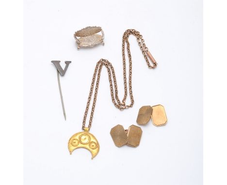 
	
		A gold coloured crescent pendant, the crescent with applied hooped decoration, 2.3cm wide, with a certificate by Ancient
