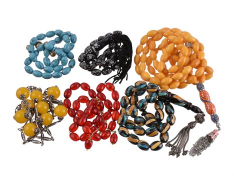 
	
		A collection of prayer beads, including lapis lazuli beads; hardstone beads with tassels stamped 925; reconstituted turq