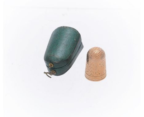 
	
		A cased gold coloured thimble, unmarked, engraved RWC and floral decoration, 2.5cm (1in) high, 5g
		
		Condition Report: