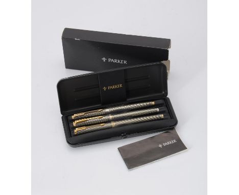 
	
		Parker, Sonnet Cisele, a silver coloured fountain pen, stamped 925 with a poincon, the cap with a gilt arrow clip and ca
