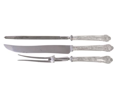 
	
		Six silver handled Bright Vine pattern three piece carving sets by C. J. Vander Ltd, Sheffield 1973 (1) and 1975 (5), ea