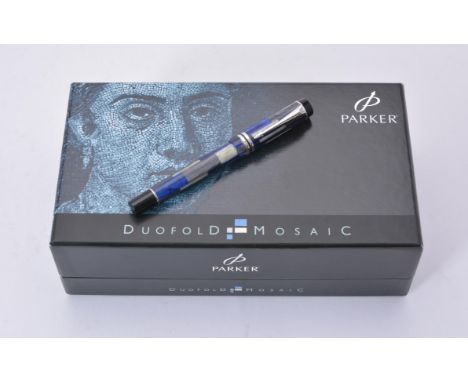 
	
		Parker, Duofold Mosaic, a roller ball pen, the cap with white metal clip and double cap band, with a Parker box
		
		Con