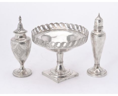 
	
		An American silver pepperette by Peter L. Krider, circa 1855, with a wrythen finial to the pierced domed cover, the body