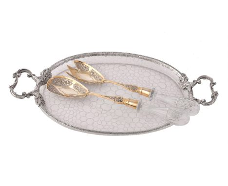 
	
		A French silver mounted twin handled oval glass tray, maker's mark rubbed, 838-1972 1st standard, late 19th century, wit