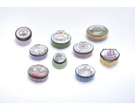 
	
		A collection of nine enamel boxes, to include: Halcyon Days, an enamel oval box, the cover painted with a view of Clived