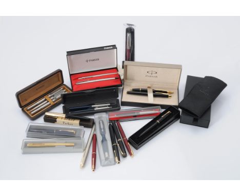 
	
		A collection of Parker pens, to include: a Parker Sonnet blue marbled fountain pen, the cap with gilt arrow clip and cap