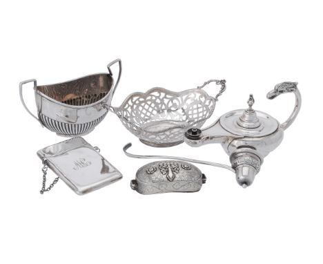 
	
		A collection of silver and silver coloured items, to include: an Edwardian silver table lighter in the form of a lamp by