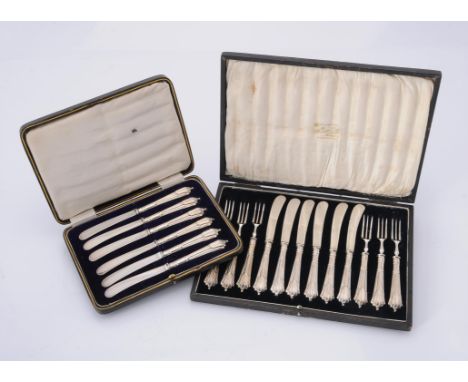 
	
		A cased set of six silver Albany pattern dessert knives and forks, the knives by Harrison Brothers &amp; Howson, Sheffie