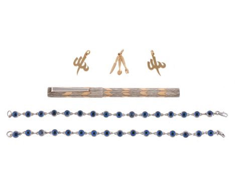 
	
		A pair of evil eye bracelets, the paste eyes within spectacle settings, unmarked, 20.5cm each, 24g gross; a pair of gold