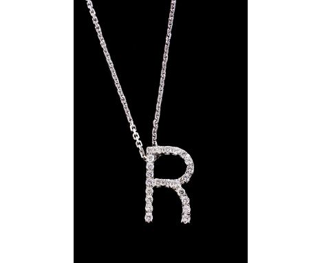 
	
		A diamond R pendant, the R shaped panel set with brilliant cut diamonds, approximately 0.12 carats total, 1.2cm long, su