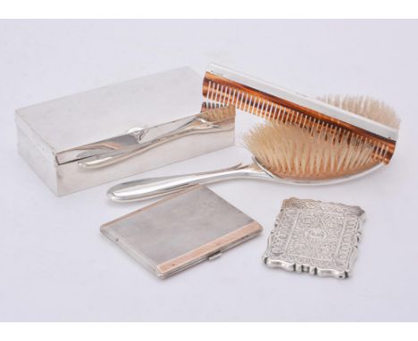 
	
		Y&nbsp;A collection of silver and silver mounted items, to include: a Victorian silver shaped rectangular card case, mak