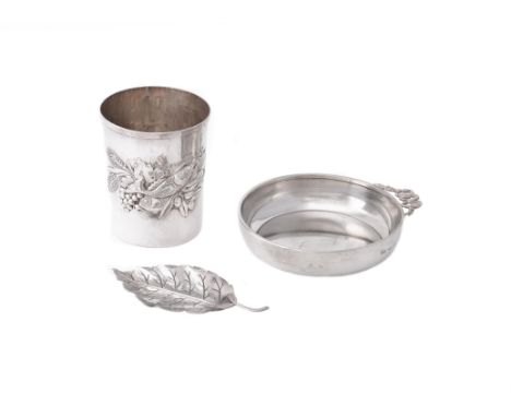 
	
		Three Italian silver coloured items: a fish and fruit embossed beaker by Brandimarte, post 1968 Florence, .925 standard,